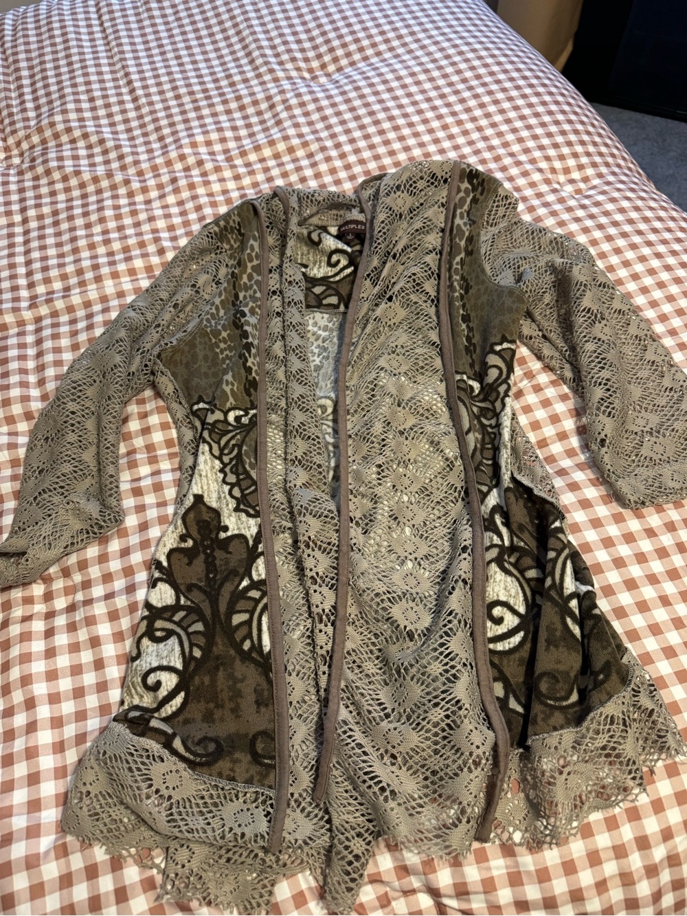 Multiples Lace Overlay Open-Front Cardigan - Taupe/Brown